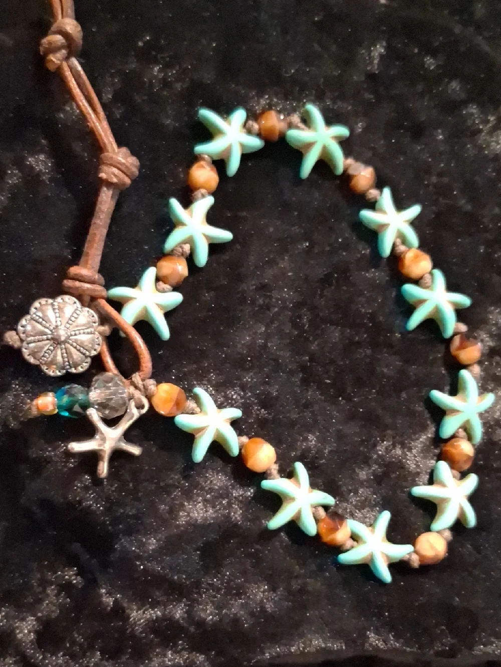 Turquoise Starfish Bead Anklet Bracelet with Brown Accent Stones - 10 To 12 In L
